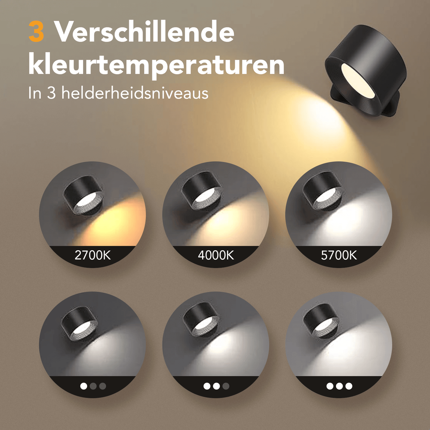 Lumevoir wandlamp zwart- oplaadbaar – 360 verstelbaar – zonder afstandsbediening