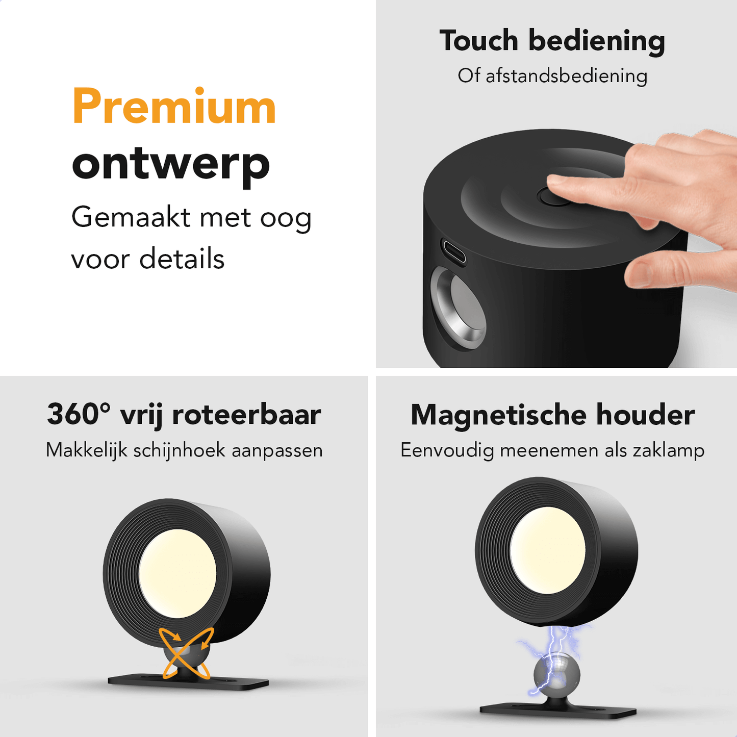 Ronde wandlamp zwart- oplaadbaar – 360 verstelbaar – zonder afstandsbediening